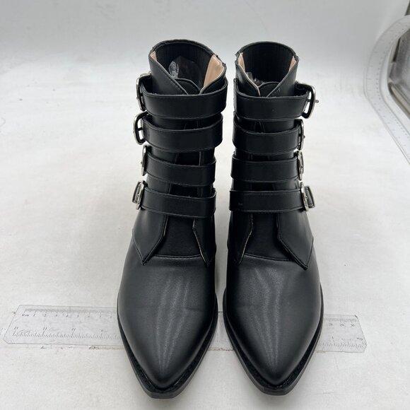 Black Straps Metal Buckle Pointed Toe Low Chunky Heels Ankle Booties for Women - Picture 3 of 7